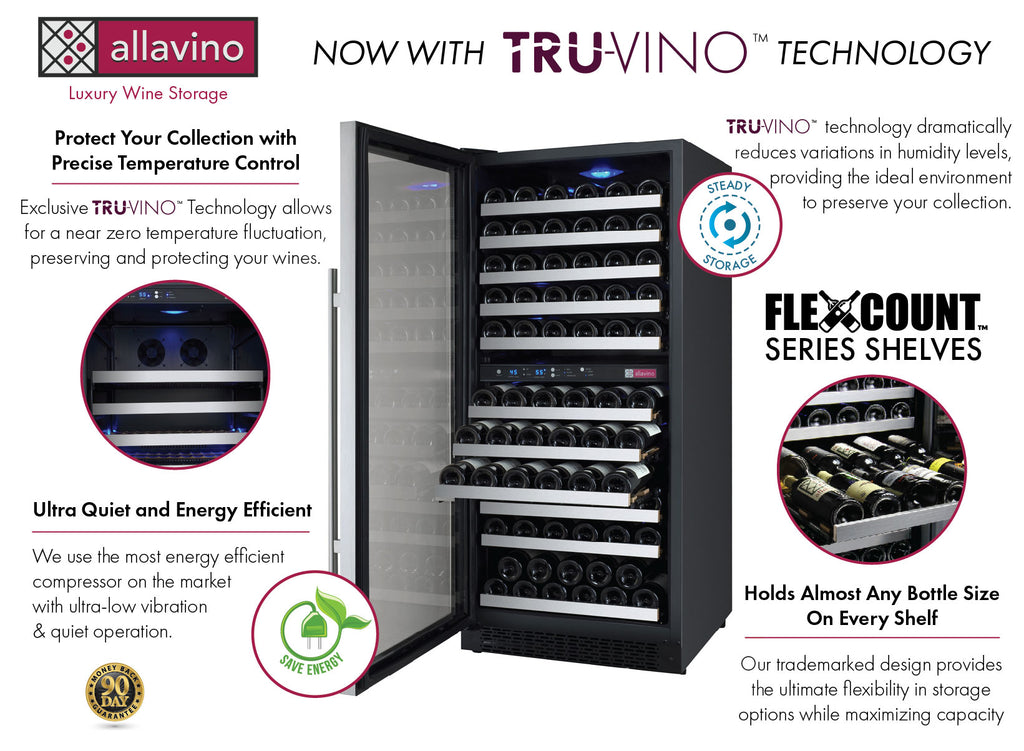 Allavino 24" Wide FlexCount II Tru-Vino 121 Bottle Dual Zone Stainless Steel Left Hinge Wine Refrigerator - VSWR121-2SL20