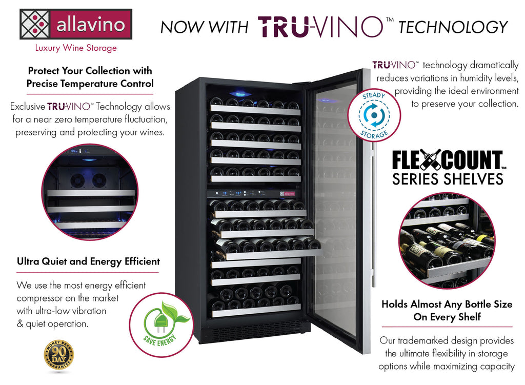 Allavino 24" Wide FlexCount II Tru-Vino 121 Bottle Dual Zone Stainless Steel Right Hinge Wine Refrigerator - VSWR121-2SR20