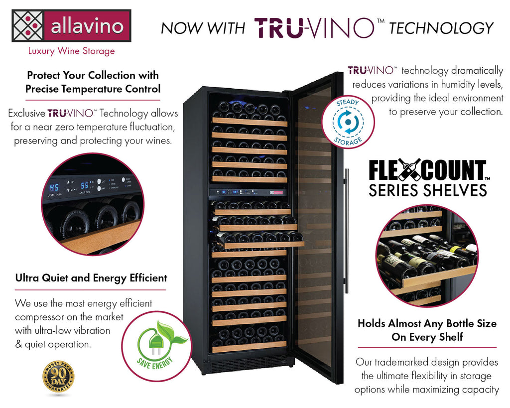 Allavino 47" Wide FlexCount II Tru-Vino 344 Bottle Four Zone Black Side-by-Side Wine Refrigerator - 2X-VSWR172-2B20