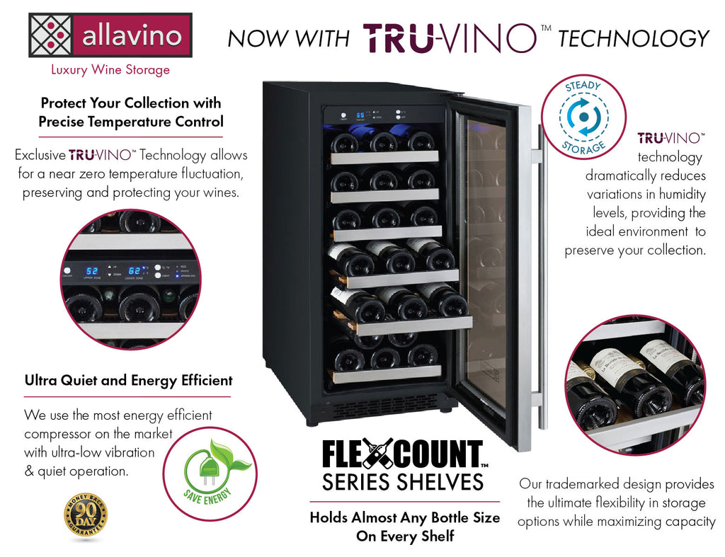 Allavino 15" Wide FlexCount II Tru-Vino 30 Bottle Single Zone Stainless Steel Left Hinge Wine Refrigerator - VSWR30-1SL20
