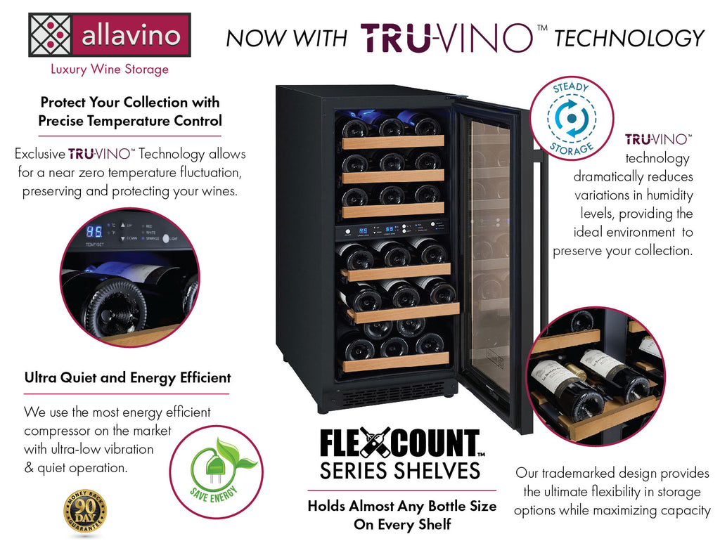 Allavino 15" Wide FlexCount II Tru-Vino 30 Bottle Dual Zone Black Wine Refrigerator - VSWR30-2BR20