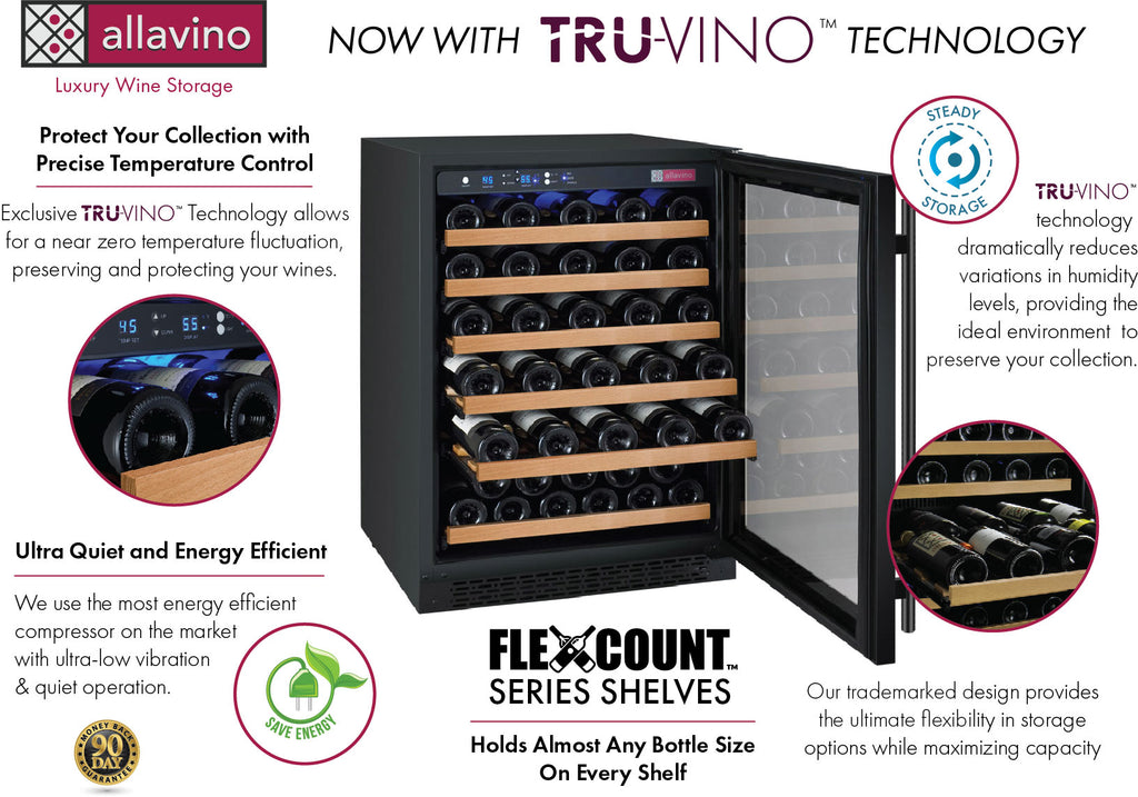 Allavino 47" Wide FlexCount II Tru-Vino 112 Bottle Dual Zone Black Side-by-Side Wine Refrigerator - 2X-VSWR56-1B20