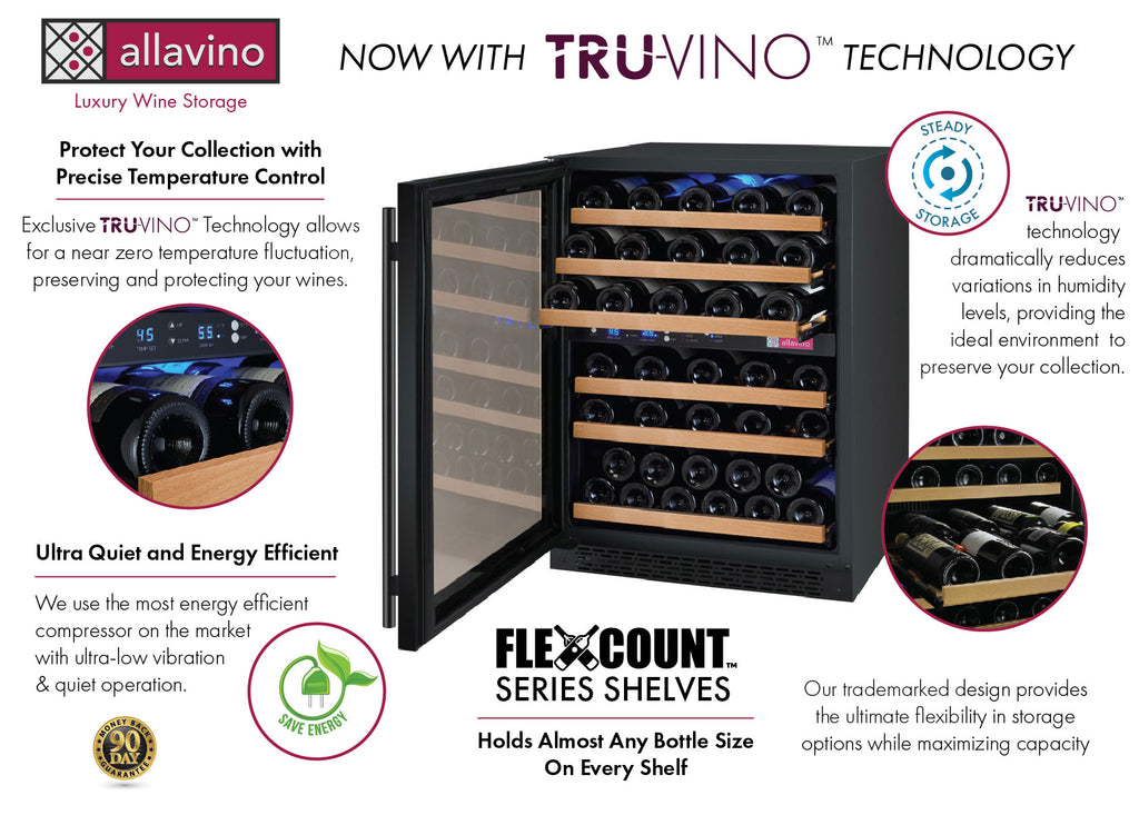 Allavino 24" Wide FlexCount II Tru-Vino 56 Bottle Dual Zone Black Left Hinge Wine Refrigerator - VSWR56-2BL20