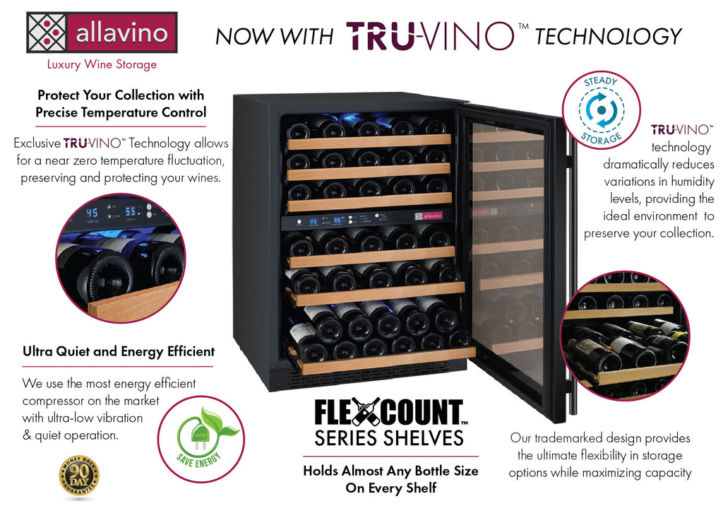 Allavino 47" Wide FlexCount II Tru-Vino 112 Bottle Four Zone Black Side-by-Side Wine Refrigerator - 2X-VSWR56-2B20