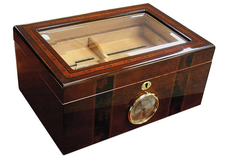 Prestige Import Group Ambassador High Gloss Beveled Glass Top Cigar Humidor - Holds Up to 100 Capacity - Unique Inlay Design