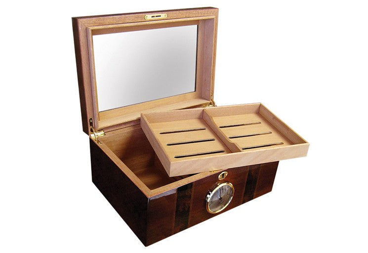 Prestige Import Group Ambassador High Gloss Beveled Glass Top Cigar Humidor - Holds Up to 100 Capacity - Unique Inlay Design