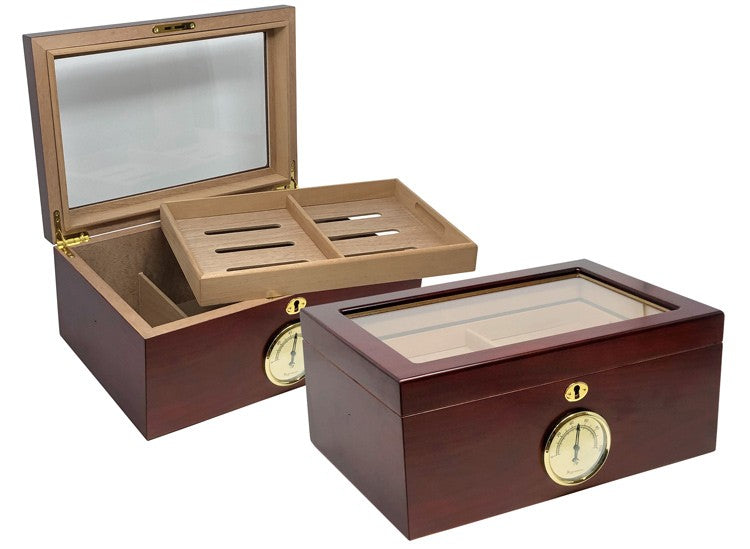 Prestige Import Group - Berkeley Glass Top Humidor - Capacity: Up to 100 - Color: Cherry with Digital Hygrometer