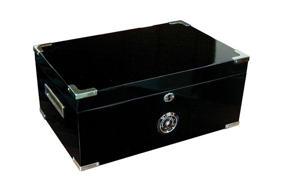 Prestige Import Group Dakota Cigar Humidor with Full Black Interior - Holds Up to 120 Capacity - Color: Jet Black Lacquer with Stainless Steel Metal Corner Accents