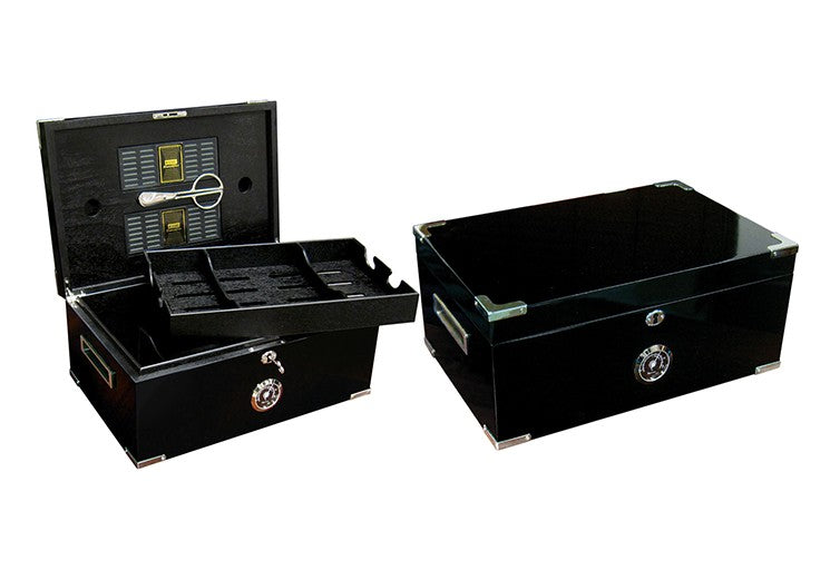 Prestige Import Group Dakota Cigar Humidor with Full Black Interior - Holds Up to 120 Capacity - Color: Jet Black Lacquer with Stainless Steel Metal Corner Accents