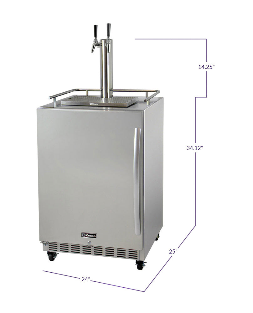Kegco24" Wide Dual Tap All Stainless Steel Commercial Outdoor Left Hinge Kegerator with Kit - HK38SSC-L-2 - Wine Cooler City