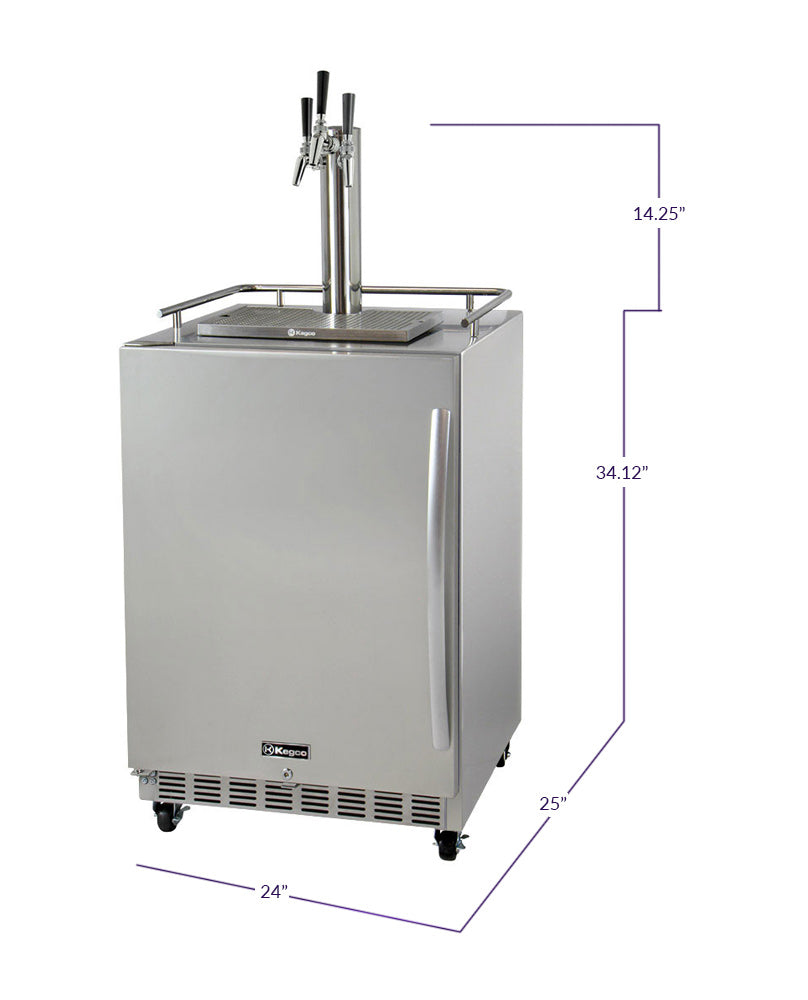 Kegco24" Wide Triple Tap All Stainless Steel Commercial Outdoor Left Hinge Kegerator with Kit - HK38SSC-L-3 - Wine Cooler City