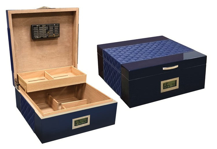 Prestige Import Group - Hampton Diamond Stitch Leather & Lacquer Finish Cigar Humidor - Capacity: Up to 200 - Color: Blue