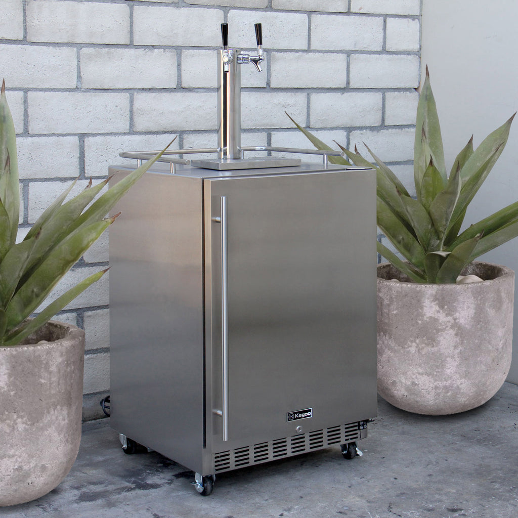 Kegco24" Wide Dual Tap All Stainless Steel Commercial Outdoor Left Hinge Kegerator with Kit - HK38SSC-L-2 - Wine Cooler City