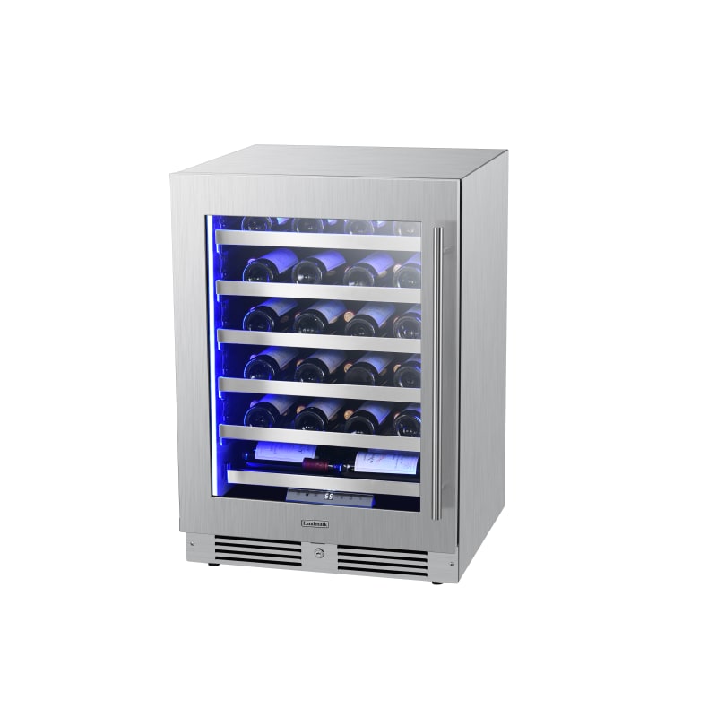 Landmark 24 Inch Wide 44 Bottle Capacity Single Zone Wine Cooler with Alternating (Blue, White, Amber) LED lighting, Door Alarm, Touch Control Panel and Lockable Left Hinged Door - L3024UI1WSG-LH