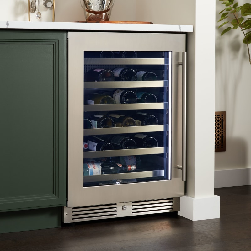 Landmark 24 Inch Wide 44 Bottle Capacity Single Zone Wine Cooler with Alternating (Blue, White, Amber) LED lighting, Door Alarm, Touch Control Panel and Lockable Left Hinged Door - L3024UI1WSG-LH