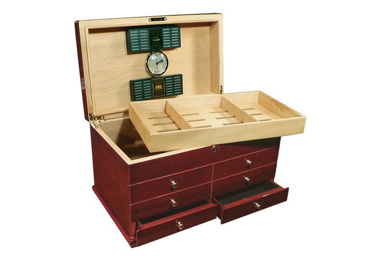 Prestige Import Group Landmark Large Chest Style Cigar Humidor with Drawers - Holds Up to 300 Capacity - Color: Cherry Finish