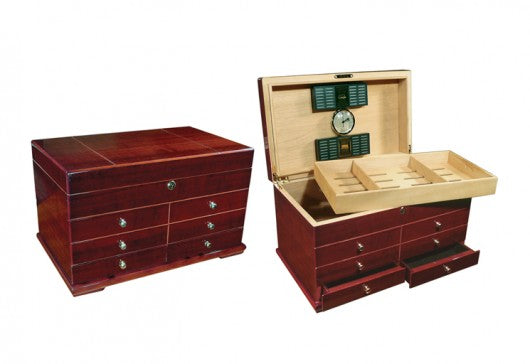 Prestige Import Group Landmark Large Chest Style Cigar Humidor with Drawers - Holds Up to 300 Capacity - Color: Cherry Finish