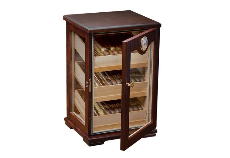 Prestige Import Group Milano Countertop Display Cigar Humidor with 4 Glass Sides & Angled Trays - Up to 125 Cigar Capacity - Finish: Dark Mahogony