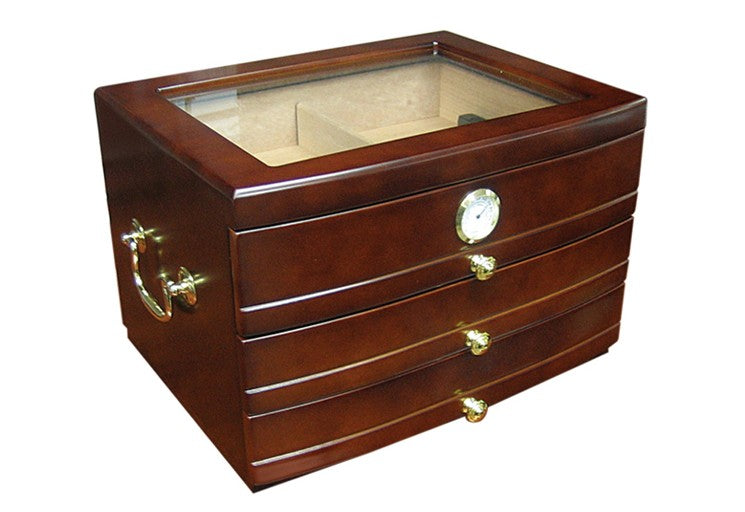 Prestige Import Group Regent Glass Top 3 Drawer Cigar Humidor - Up to 75 Cigars - Color: Dark Mahogany