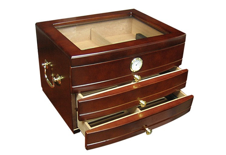 Prestige Import Group Regent Glass Top 3 Drawer Cigar Humidor - Up to 75 Cigars - Color: Dark Mahogany