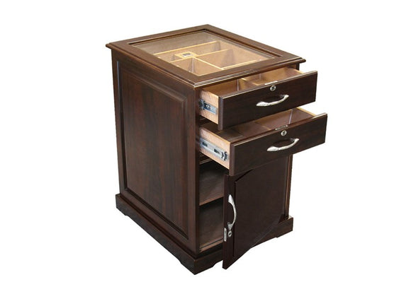Santiago End Table Cigar Humidor with Drawers & Digital Hygrometer - Rich Walnut Finish - Capacity: 700