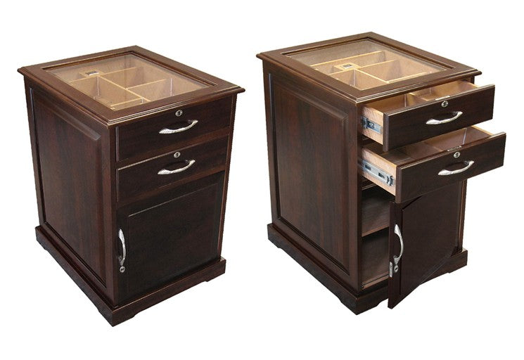 Santiago End Table Cigar Humidor with Drawers & Digital Hygrometer - Rich Walnut Finish - Capacity: 700