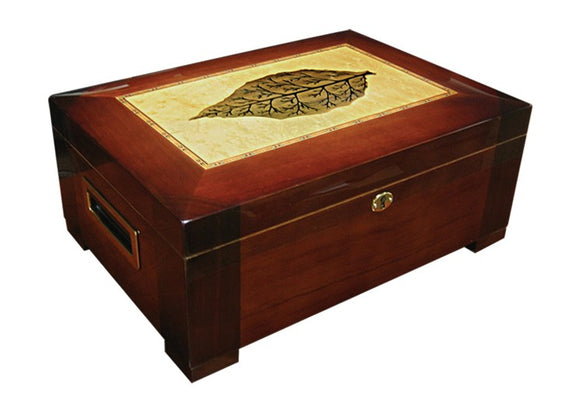 Prestige Import Group Stetson Wooden Cigar Humidor with Inlay Design Laid Across Light Mappa Wood - Up to 150 Capacity - Color: Dark Burl Finish