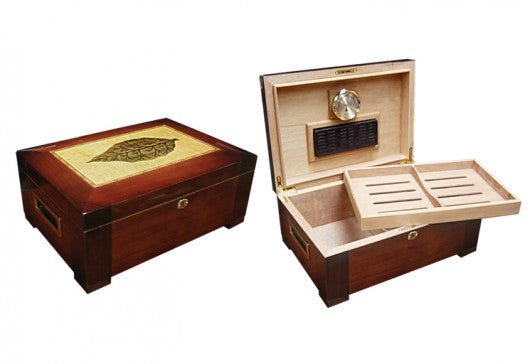 Prestige Import Group Stetson Wooden Cigar Humidor with Inlay Design Laid Across Light Mappa Wood - Up to 150 Capacity - Color: Dark Burl Finish