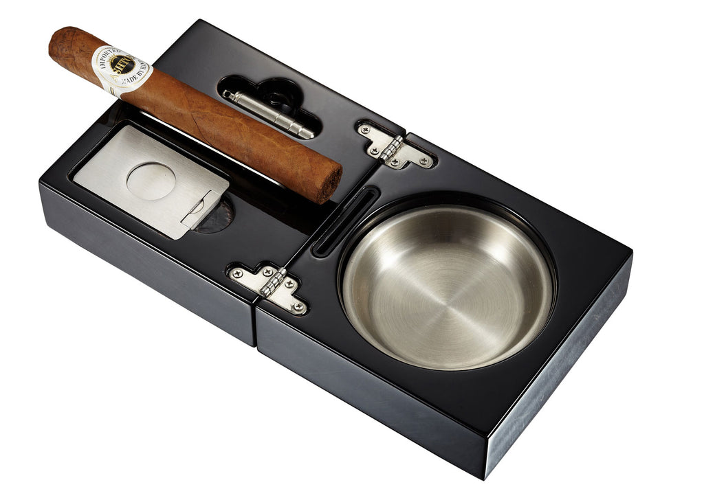 Visol Bremen Black Lacquer Folding Cigar Ashtray with Cutter and Punch - Wine Cooler City
