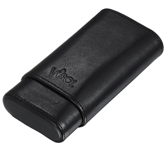 Visol Cuero Genuine Black Leather 3-Finger Cigar Case - Wine Cooler City