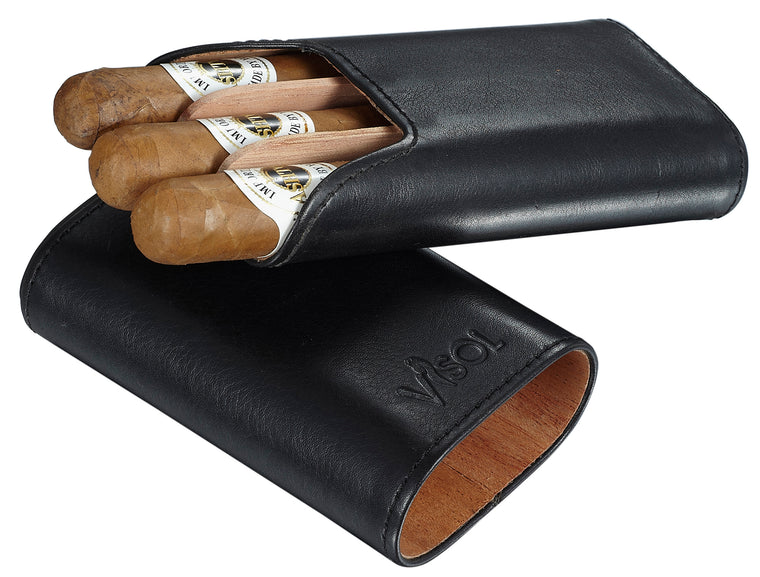 Visol Cuero Genuine Black Leather 3-Finger Cigar Case - Wine Cooler City