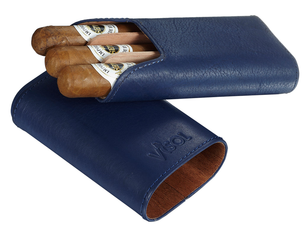 Visol Cuero Genuine Blue Leather 3-Finger Cigar Case - Wine Cooler City