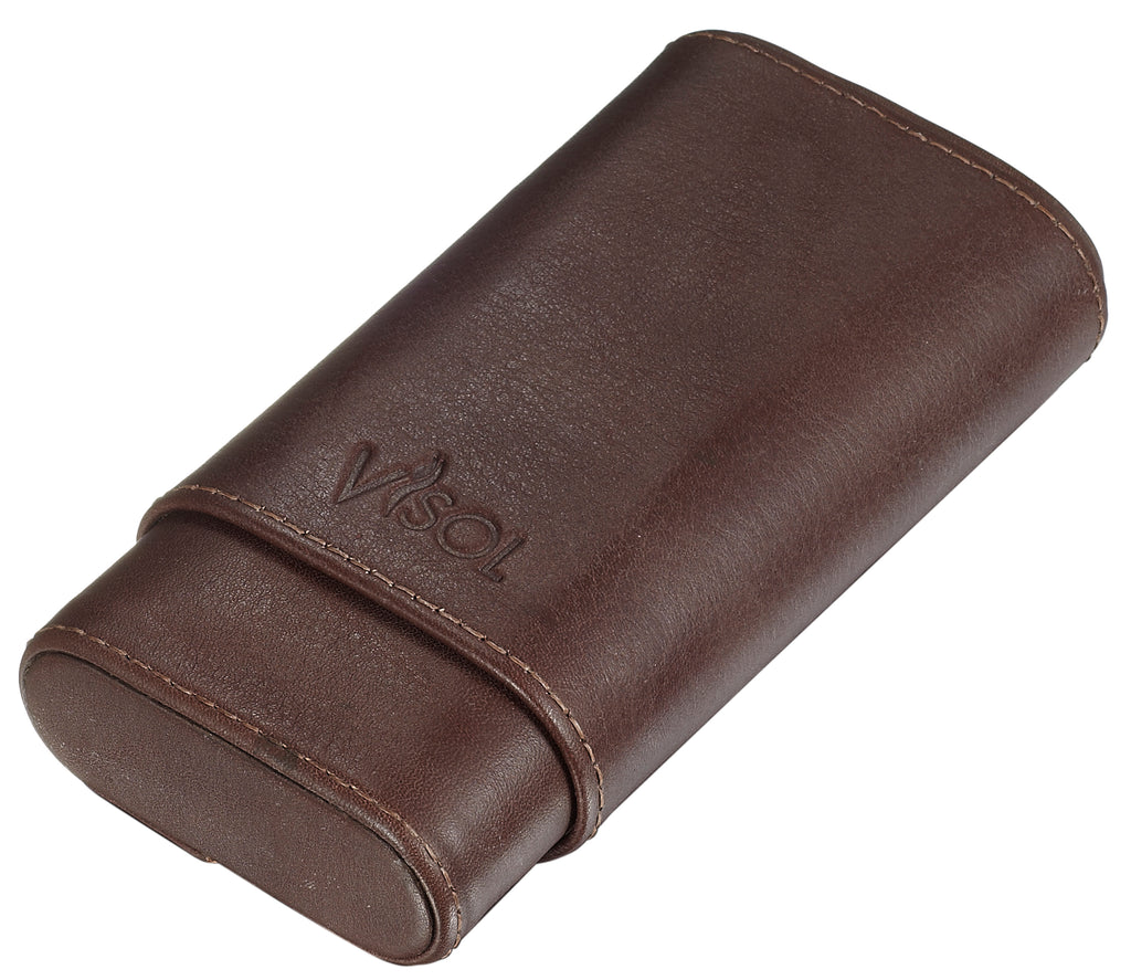 Visol Cuero Genuine Brown Leather 3-Finger Cigar Case - Wine Cooler City