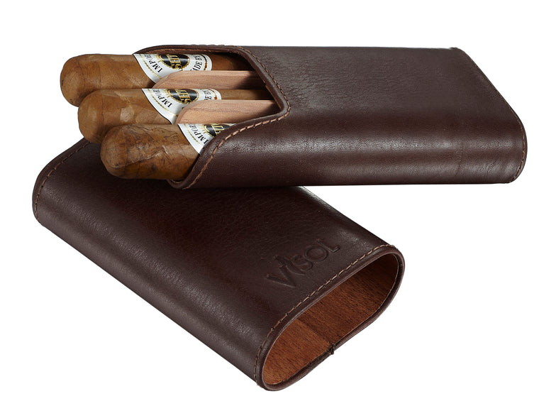 Visol Cuero Genuine Brown Leather 3-Finger Cigar Case - Wine Cooler City