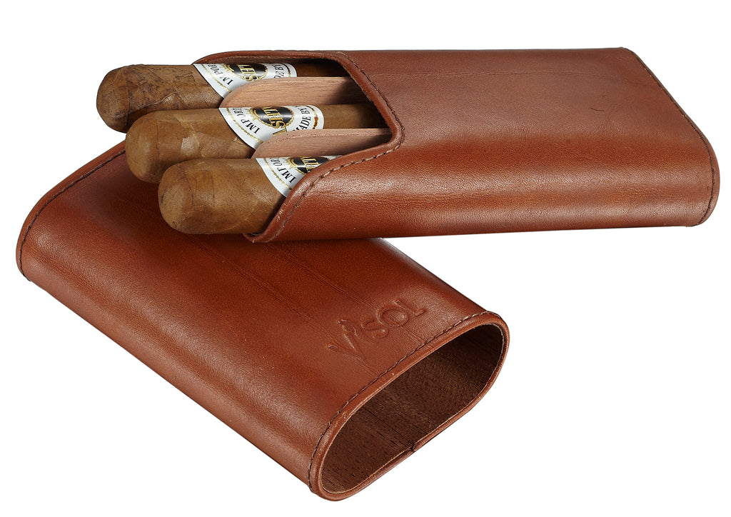 Visol Cuero Genuine Tan Leather 3-Finger Cigar Case - Wine Cooler City
