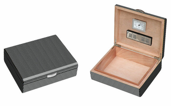 Visol Dayton Carbon Fiber Pattern Lacquered Small Cigar Humidor - Holds 25 Cigars - Vhud700