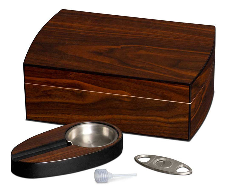 Visol Polished Walnut Cigar Gift Set Including Ashtray & Cutter - Wine Cooler City