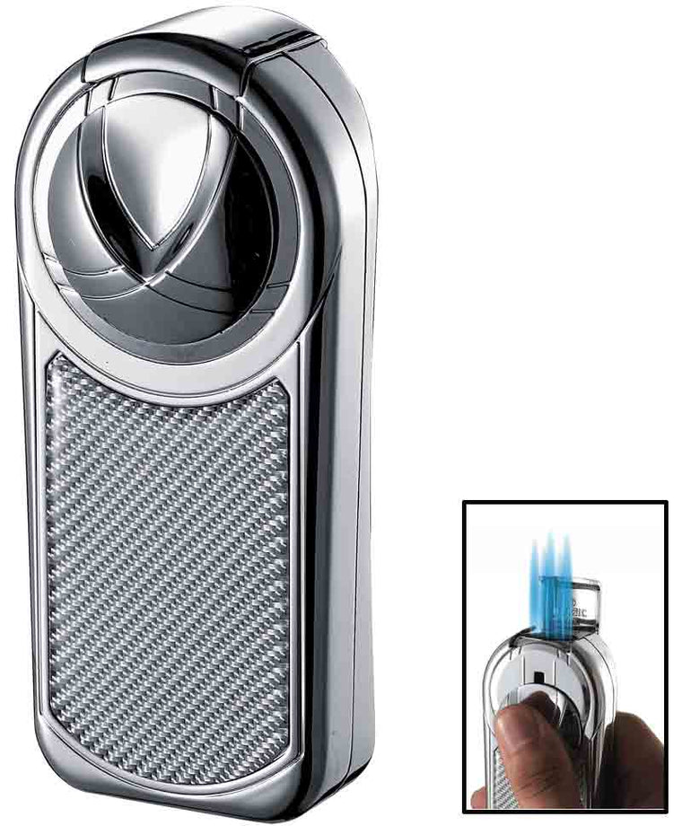 Visol Dobrev V Chrome and White Carbon Fiber 5 Torch Flame Table Lighter - Wine Cooler City