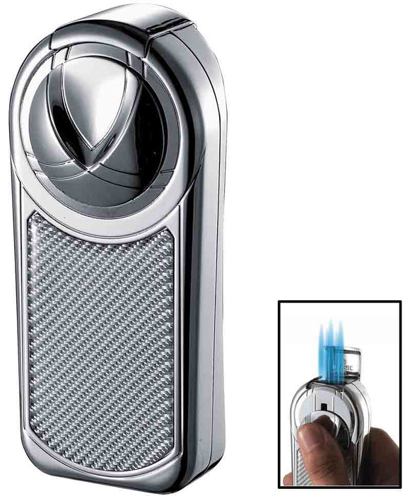 Visol Dobrev V Chrome and White Carbon Fiber 5 Torch Flame Table Lighter - Wine Cooler City